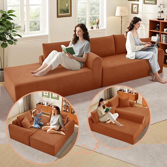 Modular Sectional Couch in a Box 103 L Shaped Boneless Cloud Couch with Deep Seat Convertible Sofa Bed for Living Room Bedroom Apartments No Assembly Required Orange Left Facing Chaise