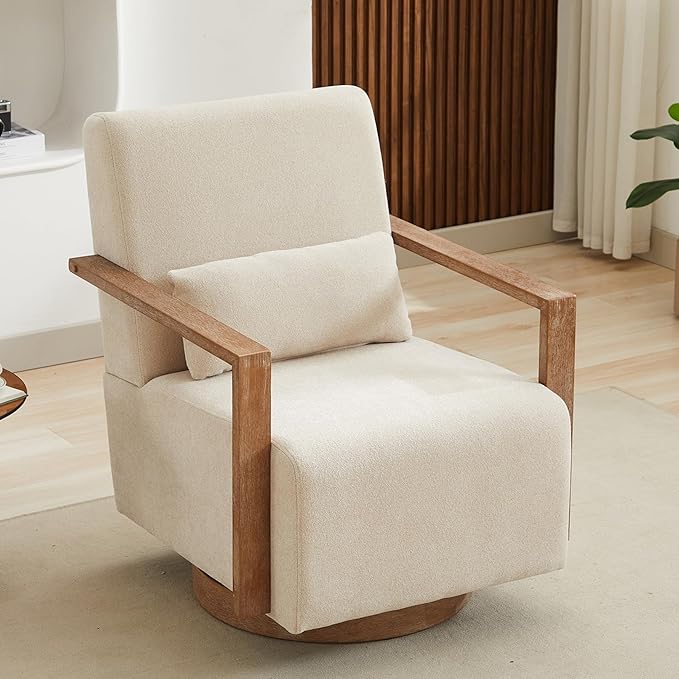 Beige Swivel Accent Chair Mid Century Modern Swivel Barrel Chair for Living Room Comfy Accent Chair 360 Degree Upholstered Armchair for Bedroom Nursery Linen