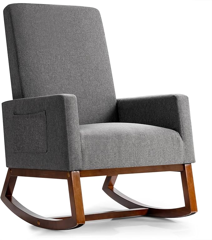 Giantex Upholstered Rocking Chair Modern Fabric Armchair w/Wood Base Side Pocket Linen Padded Seat High Back Accent Glider Rocker Chair Mid-Century Leisure Chair for Nursery Living Room (Gray)