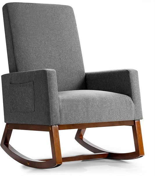 Giantex Upholstered Rocking Chair Modern Fabric Armchair w/Wood Base Side Pocket Linen Padded Seat High Back Accent Glider Rocker Chair Mid-Century Leisure Chair for Nursery Living Room (Gray)