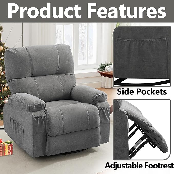 Oversized Recliner Chairs for AdultsSwivel Rocking Chair Recliner with Wide Arms&amp Backrest Fabric Reclining Chair with Pockets Lazy Boy Recliners for Living Room Bedroom (Grey)