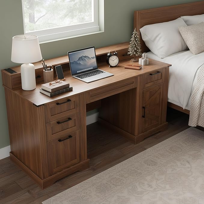 59.5 Farmhouse Office Desk with USB Charging Station Fixed Monitor Stand with Drawers Convertible Keyboard Tray &amp File Cabinet Home Computer Workstation with Large Storage