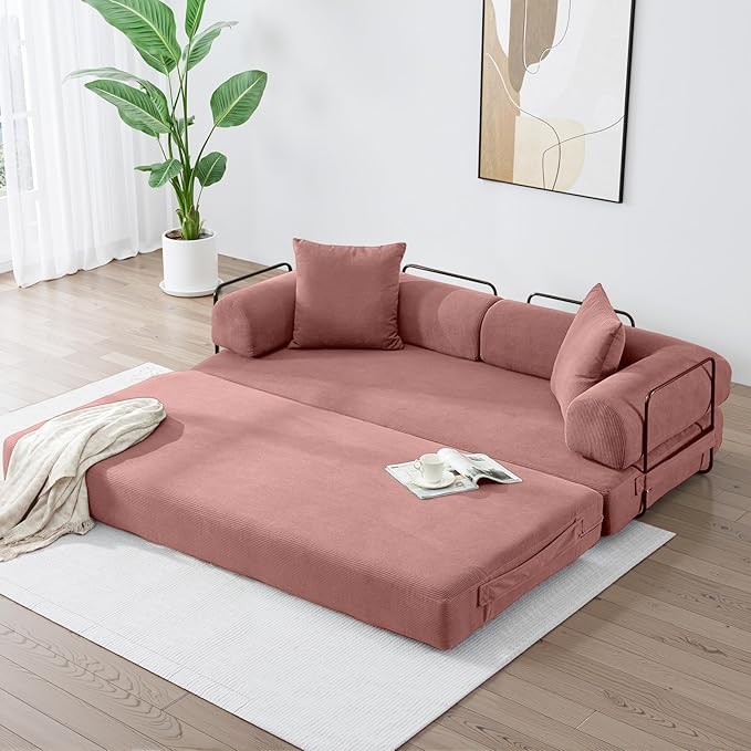 78.5 Inch Convertible Sleeper Sofa Bed 5 in-1 Boneless Floor Couch Bed with Fixed-Shape Frame Modular Futon Couch for Living Room Apartments RV Studio Bedroom Small Spaces Pink