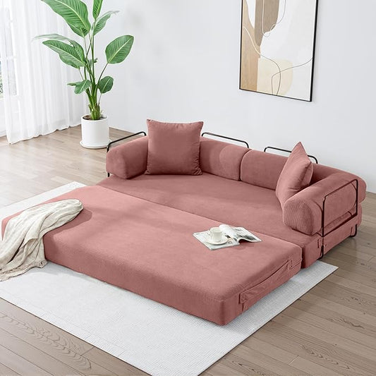 78.5 Inch Convertible Sleeper Sofa Bed 5 in-1 Boneless Floor Couch Bed with Fixed-Shape Frame Modular Futon Couch for Living Room Apartments RV Studio Bedroom Small Spaces Pink