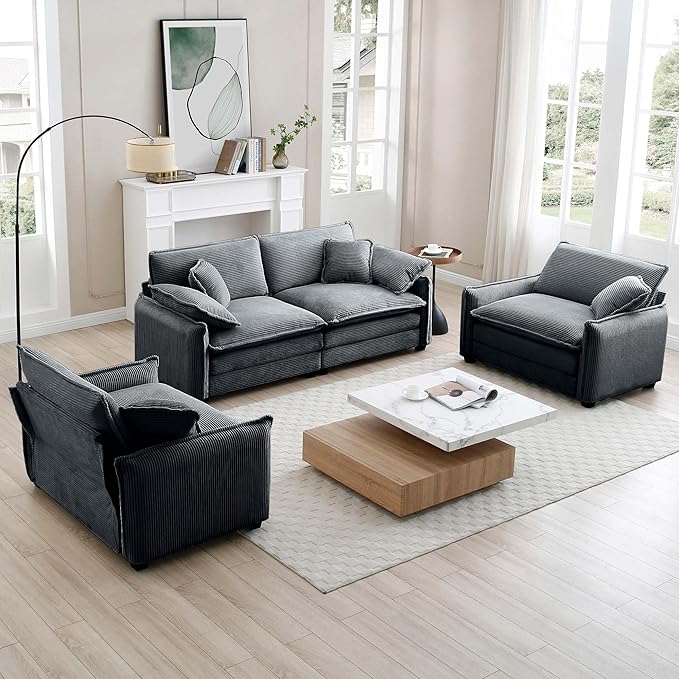 Aoowow 3 Pieces Modular Sectional Sofa Set with Loveseat Couch and 2 Sofa ChairModern Corduroy Comfy Cloud Deep Seat Couches Set with Throw Pillows and Arm Pillows for Living Room Apartment(Grey)