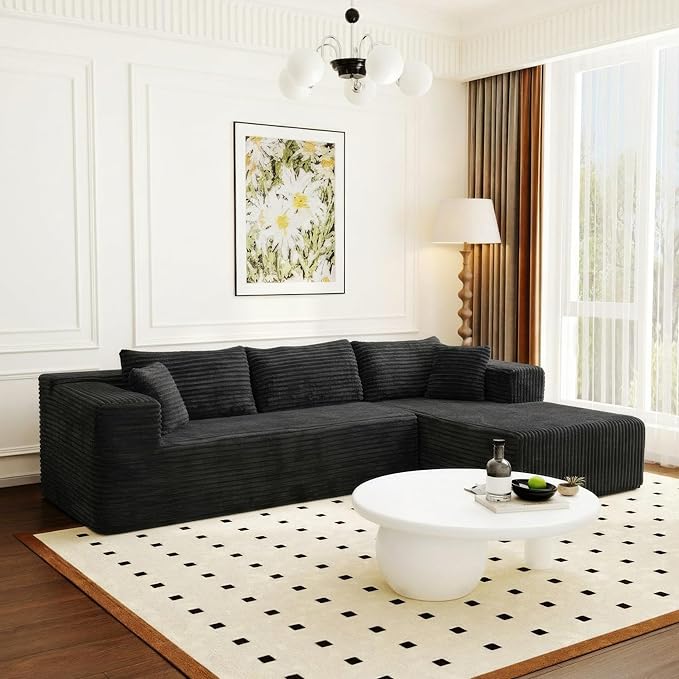 FUFU&ampGAGA 105.9” Modular Sectional Sofa with Chaise L-Shape Corduroy Cloud Couch with Pillows Modern Boneless Sofa for Living Room Apartment No Assembly Required Black 105.9”W x 68.9”D x 26.4
