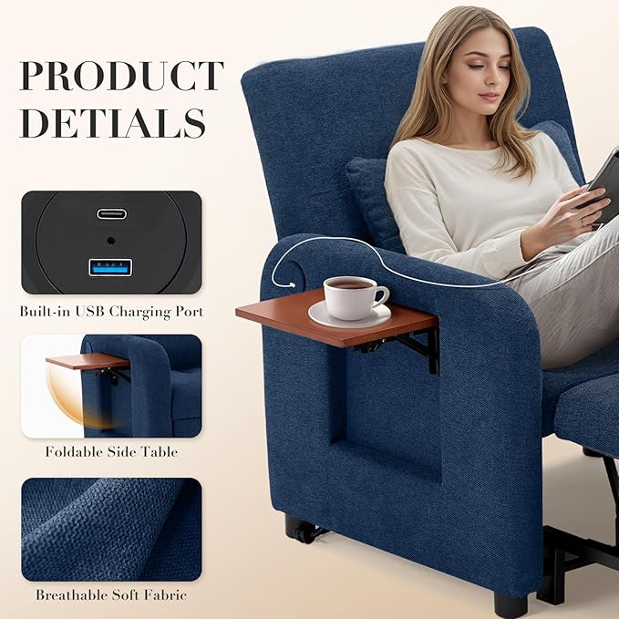 Convertible Sleeper Chair-Fabric Futon Sofa Bed Single Sleeper Sofa Small Couch Bed with USB Port Foldable Table Pillow Adjustable Backrest for Dorm/Bedroom/College DarkBlue