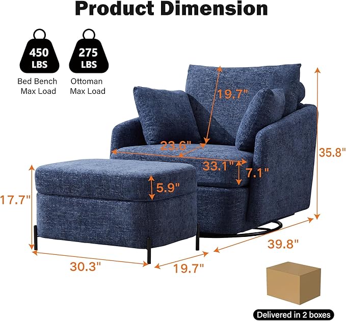 Chifee &amp Vingol 40.6 Oversized Swivel Accent Chair with OttomanChenilleNavy
