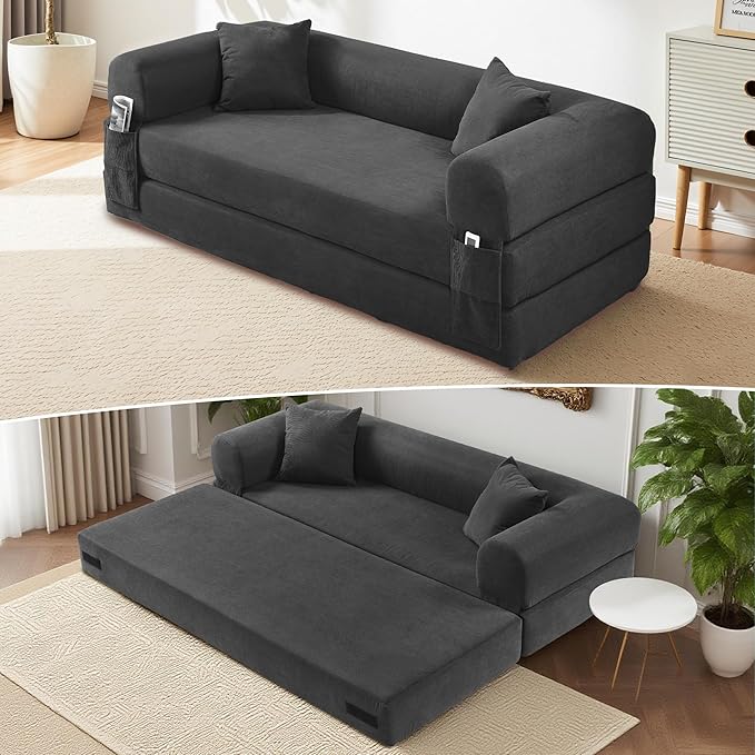 80 Convertible Sofa Bed Corduroy Deep Seat Folding Pull Out Couch with Pillows No Assembly Modern Boneless Couch Compression Sofa in Box Floor Sofa with Storage Pocket for Living RoomDark Grey
