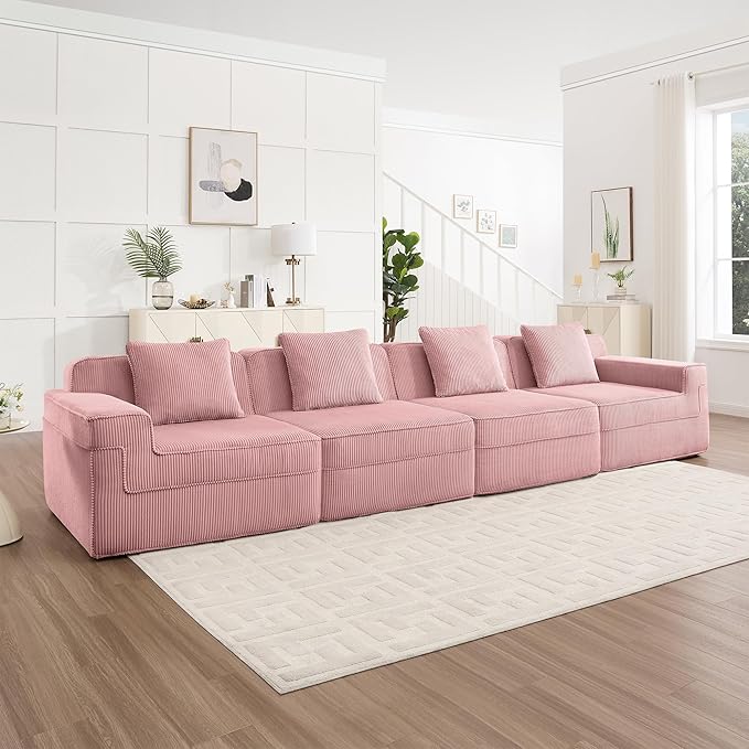 153.5 Boneless Sectional Couch for Living RoomCorduroy Cloud Sofa with Deep Seats and Wide Armrests Memory Foam Sofa 4 Seater Pink Sofa for Apartments