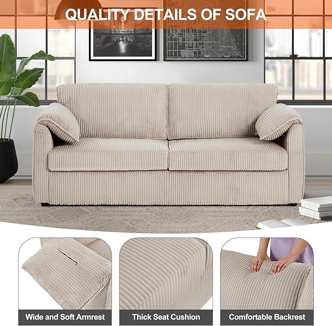 Pull Out Sofa Bed Corduroy Queen Sleeper Couch with Foam Mattress Large Sofa Sleeper Pullout Couch Bed for Living Room Office Queen Size (Beige Brown)