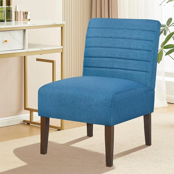 Rubberwood Slipper Chair Accent Armless Chair with High Back - Modern Upholstered Lounge Chair for Living Room Bedroom Office Deep Seat Comfy Reading Chair (Blue)