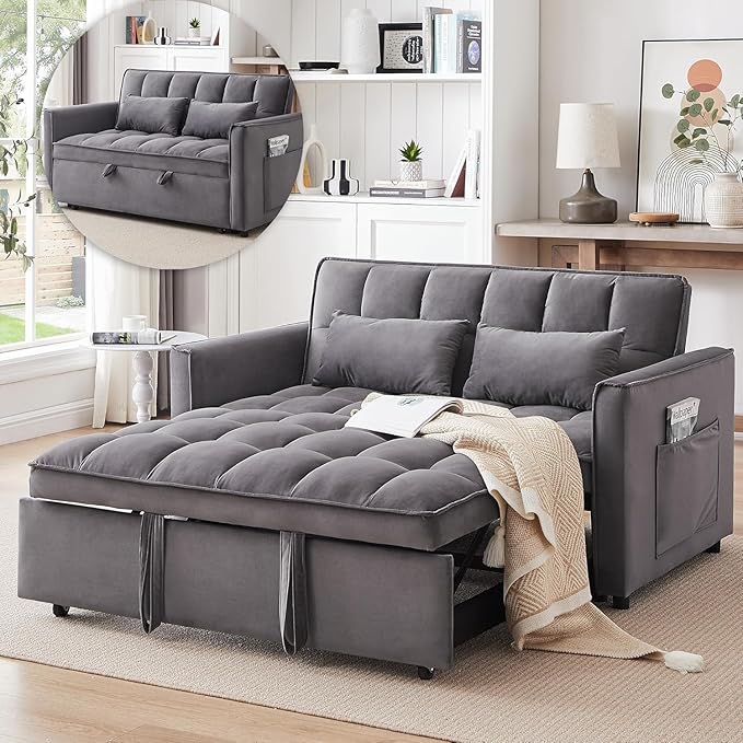 3 In 1 Velvet Convertible Sofa Bed Pull Out Couch Bed with Reclining Backrest And 2 Pillows 54 Full Size Loveseat Sleeper Sofa Futon Couch Beds Couches For Small Spaces Living Room (Medium Grey)