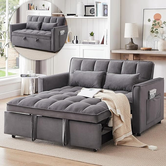 3 In 1 Velvet Convertible Sofa Bed Pull Out Couch Bed with Reclining Backrest And 2 Pillows 54 Full Size Loveseat Sleeper Sofa Futon Couch Beds Couches For Small Spaces Living Room (Medium Grey)