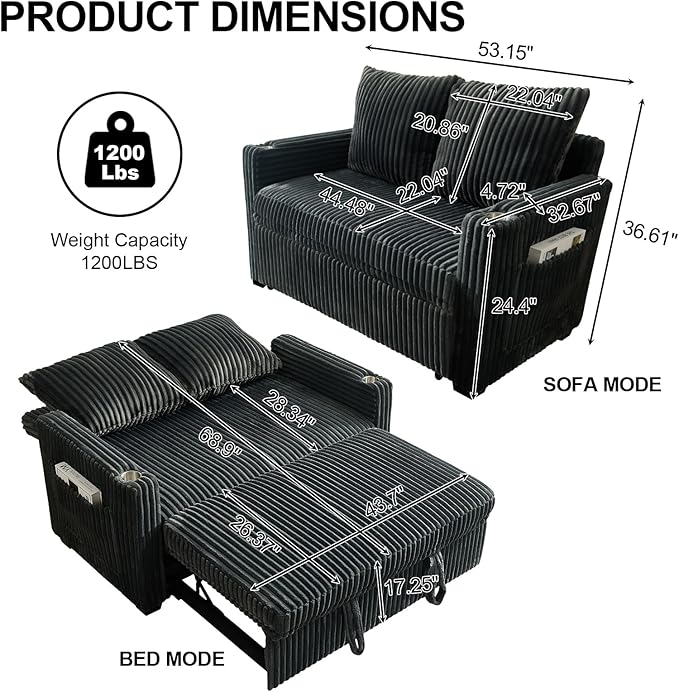 3 in 1 Convertible Sleeper Sofa Bed 53'' Pull Out Couch with Adjustment Backrest Corduroy Loveseat with Side Pockets USB Port for Living Room Bedroom Apartment Gray
