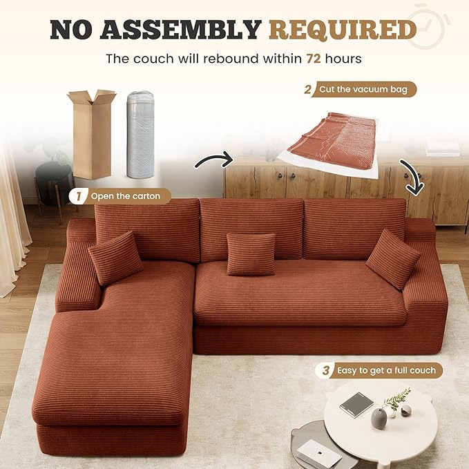 112 Modular Sectional Sofa for Living Room Convertible L-Shape Couch with OttomanCloud Boneless Couch with Layered CushionReddish Brown Corduroy