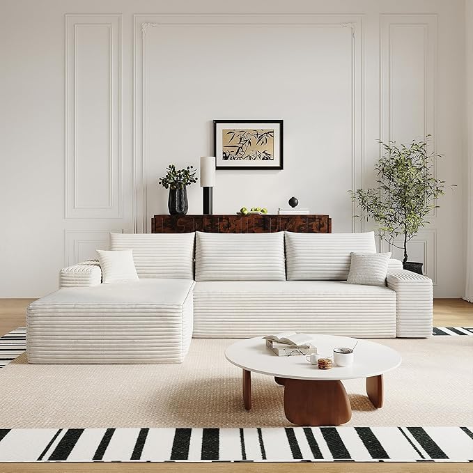 Oversized Corduroy Sectional Boneless Couch 108 W L Shaped Modular Sectional Sofa with Chaise/Ottoman No Assembly Required Compress Couches for Living Room (White 3 Seater+Left Chaise)
