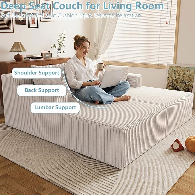 71Oversized Chaise Lounge ChairSectional Double Lounge Chaise with Pillows Upholstered Corduroy Boneless Lounge Chair Fluffy Modern Loveseat Sleeper Sofa for Living Room or Bedroom(White)