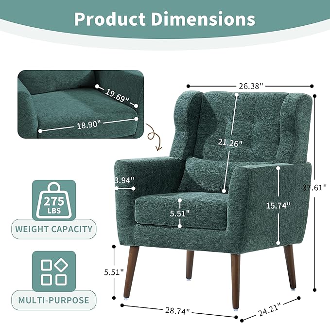 Modern Accent Chair Upholstered Arm Chair with Waist Pillow Single Sofa Chair for Living Room Bedroom Small Spaces (Green)