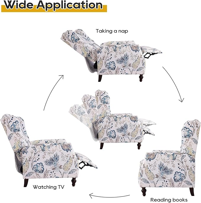 Mid Century Modern Wingback Recliner Chair for Adults Push Back Upholstered Accent Chair with Floral Fabric Manual Reclining Armchair for Living Room Bedroom Reading Corner (Blue Botanical)