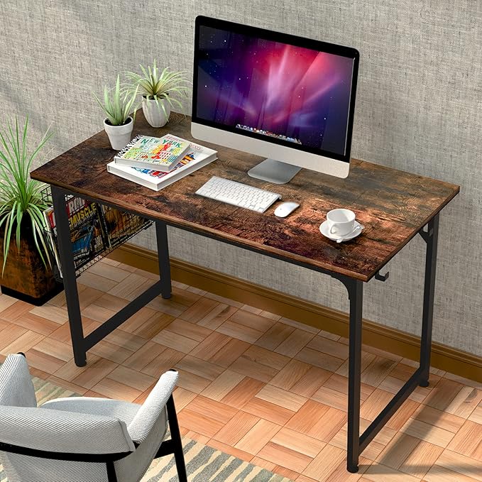 ASTARTH Study Computer Desk-55 Inch Home Office Desk Wood Storage Table Modern Writing Style Laptop Table Black Metal Frame PC Table with Storage Basket and Headphone Hooks Rustic Brown