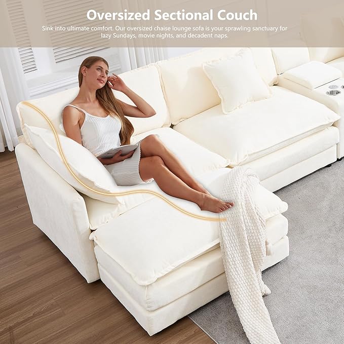 159 Oversized Modular Sectional Sofa Modern Large 6 Seater U Shaped Sectional Couch with Ottoman Comfy Cloud Couches with Cup Holders &amp USB for Living Room Spacious Space (Beige)