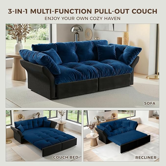 74.8 Queen Pull Out Couch BedVelvet Convertible Pull-Out Sofa Bed with Side Pockets3-in-1 Queen-Size Sleeper SofaSleeper Loveseat for Living RoomApartment Offices (Blue)
