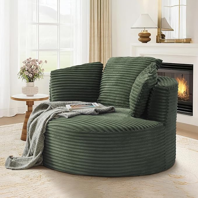 48W Oversized Round Chaise Longue Chair IndoorCorduroy Fluffy Comfy Cloud ChairCircle Bean Bag Sofa with Foam Filling &amp PillowsBoneless Reading Cozy Sofa Chairs for Living RoomBedroomGreen