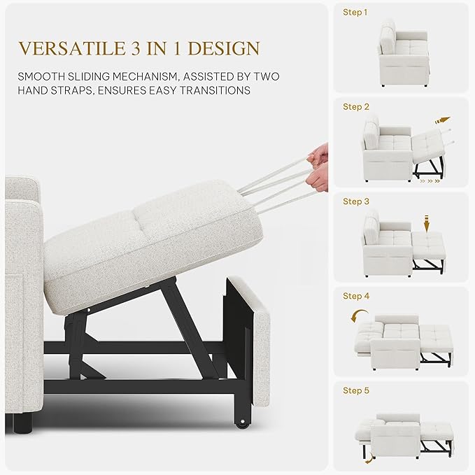 DWVO 55 Convertible Sofa Bed 3-in-1 Sleeper Sofa with Pull-Out Bed Linen Futon Couch with Adjustable Backrest and Side Pocket Modern Loveseat for Living Room Apartment Light Beige