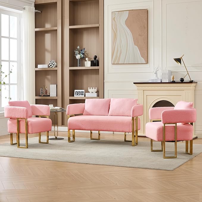51 Comfy Loveset Sofa Pink Small Teddy Love Seat Sofa Bedroom Mini Couch Living Room Side Chair with Gold Metal Legs for Dressing Area Reception Room Office (Pink)