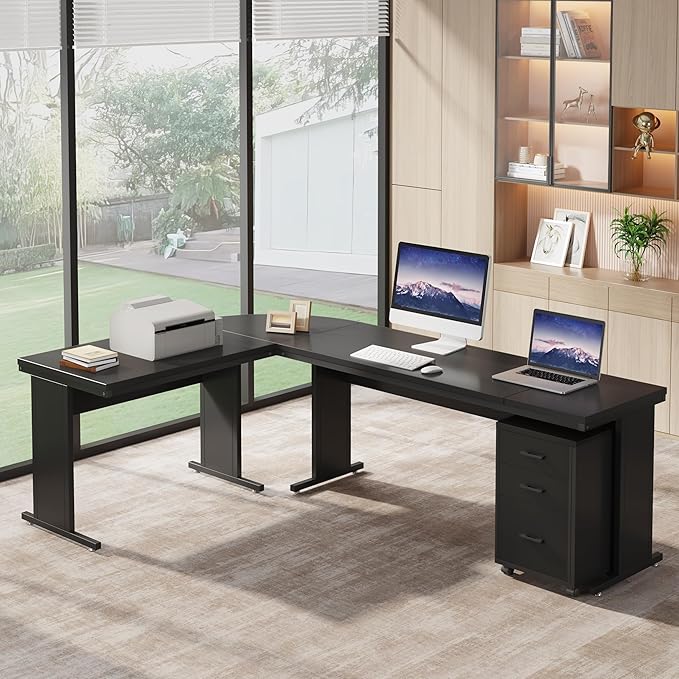 Tribesigns 83 L-Shaped Executive Desk Reversible Modern Office Desk with Drawers &amp Rolling File Cabinet Large Corner Computer Desk Business Workstation for Home Office (Black)