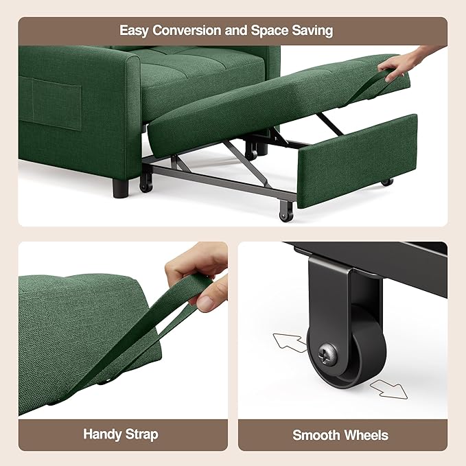 Ahomly Convertible Sleeper Chair Sofa Bed with 3-in-1 Design Adjustable Backrest and Storage Pocket for Living Room Green