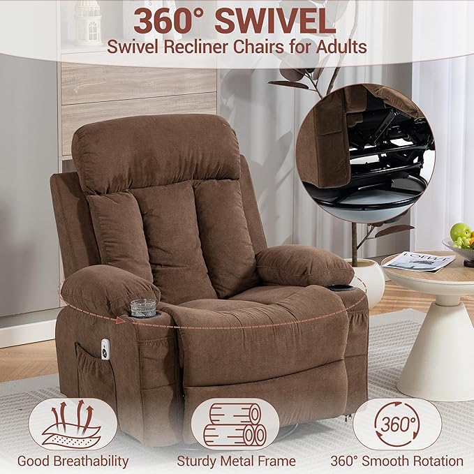 Recliner Chair for Adults with Vibration Massage and Lumbar Heating 360° Swivel Rocker Recliner Glider Chair with Cup Holder and USB Charge Port for Living Room Bedroom Brown