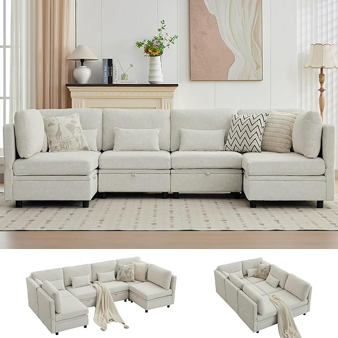 112 Modular Sectional Sofa with Storage-U Shaped Sectional Sofa for Living Room Convertible Cloud Sectional Couch with Chaise 6 Seat Couch with Cushions Adjustable Backrest Design Beige