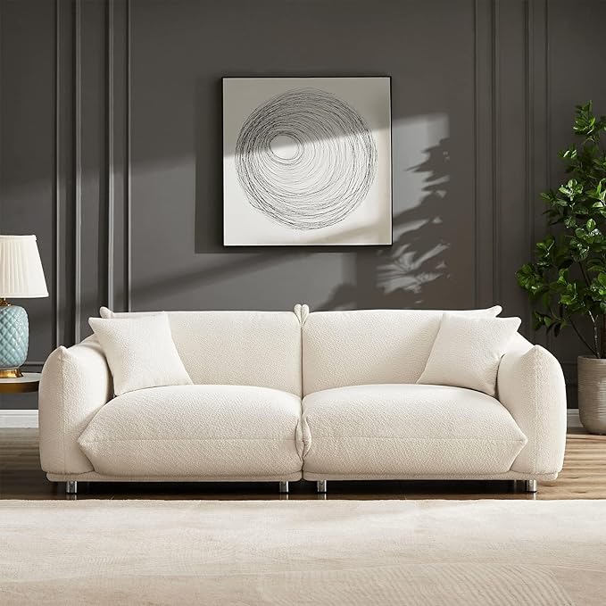 Hison Modern 86 Inch White Lambswool Sofa 3 Seater Upholstered Couch with Solid Wood Frame Deep Seat Comfortable &amp Sturdy