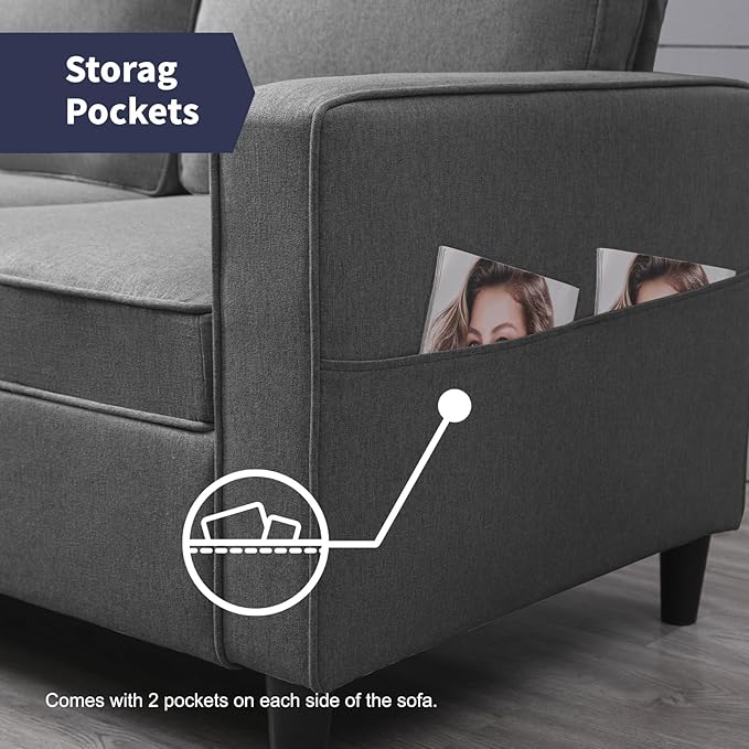54.7 Loveseat Sofa for Small Spaces 2 Seat Modern Fabric Love Seat Mini Couch With Armrest Pockets Living Room Furniture Dark Grey