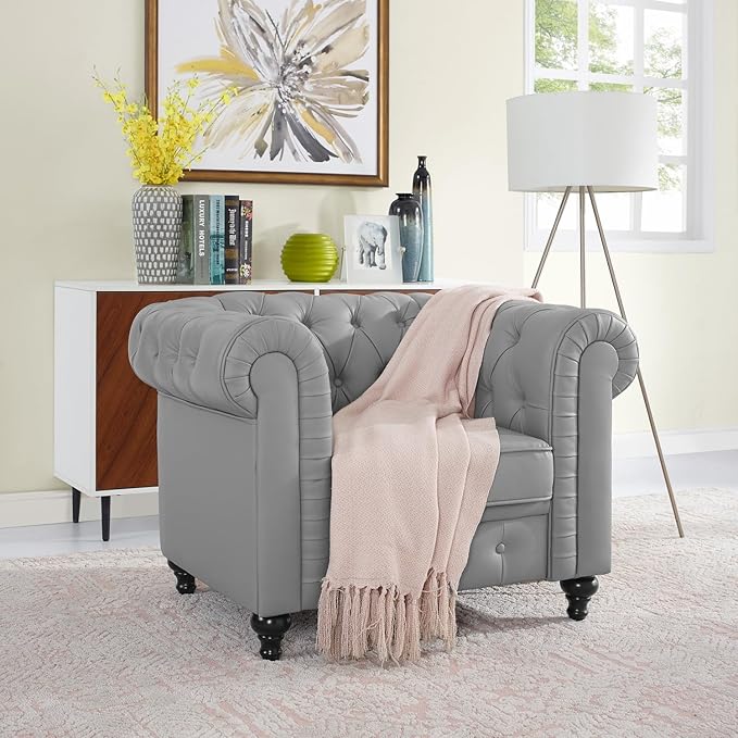 Naomi Home Emery Chesterfield Sofa Set Grey/Loveseat Accent Chair