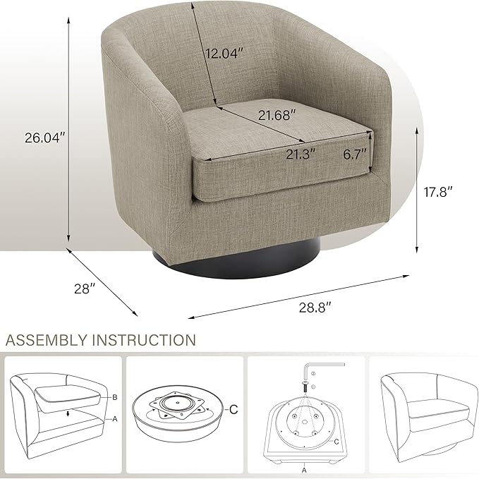 Pia Ricco Swivel Barrel Accent Chairs Set of 2 360° Swivel Round Sofa Chair Comfy Upholstered Fabric Single Sofa Club Armchair for Living Room/Reading Room/Bedroom Light Brown