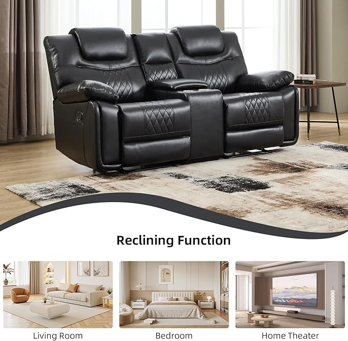 EBELLO Faux Leather Manual Loveseat Recliner Comfortable Armrest 2 Seat Recliner Sofa with Center Console Hidden Storage and Cup Holders Reclining Couch for Living Room Black (Loveseat)
