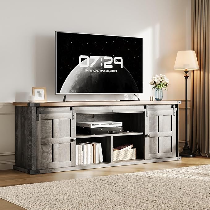 GAOMON 70 Farmhouse TV Stand for 80/75/70 Inch TVsEntertainment Center Storage Cabinets w/Power Outlets and Sliding Barn DoorRustic TV Stands for Living RoomMedia Console Cabinet (Black+Gray)