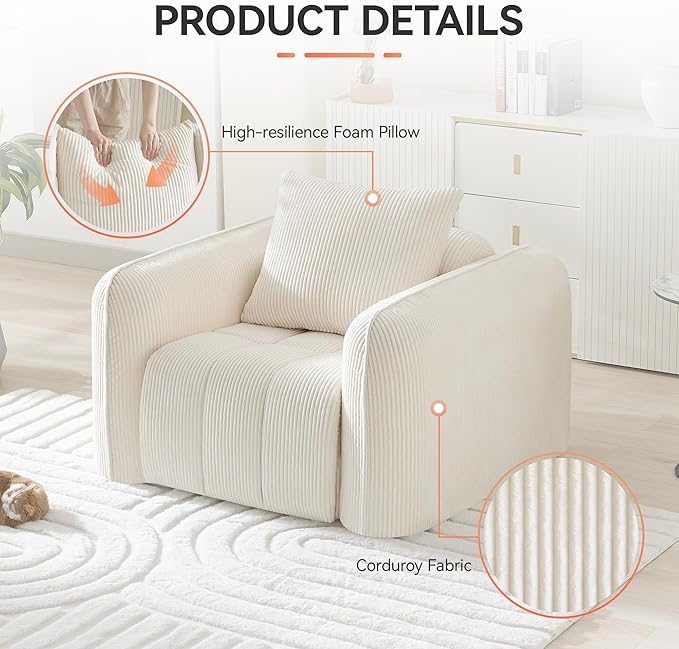 Oversized Boneless Corduroy Accent Chair Comfy Deep Seat Armchair for Bedroom Modern Upholstered Living Room Sofa Chair with Pillow No Assembly White