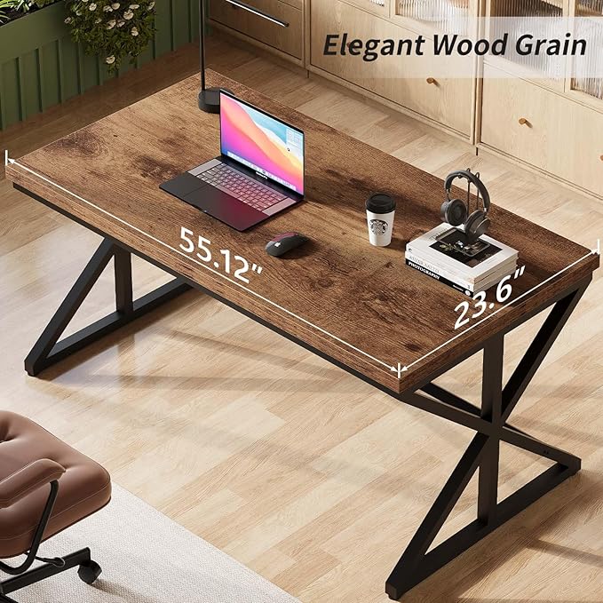 IBF 55” Rustic Computer Desk Industrial Brown Home Office Desk Wooden Metal Executive Pc Computer Desk Table Wood Student Gaming Study Computer Table for Bedroom Living Room Rustic Brown 55 Inch