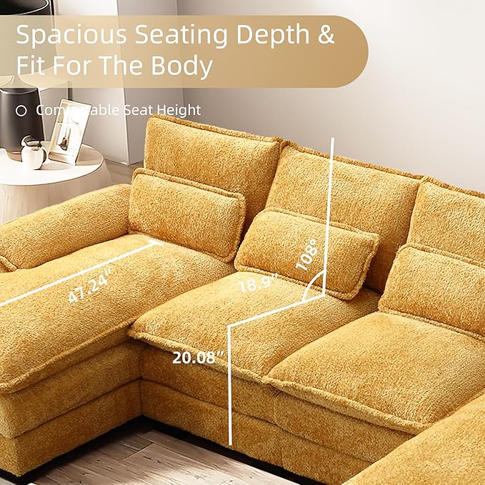 U Shape Sectional Sofa Cloud Couch 110.6 Modern Chenille Comfy Modular Couch 4 Seat Upholstery Sofa with Double Chaise for Living Room Yellow