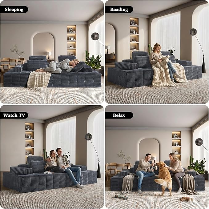 Modular Sectional Sofa with Movable Handrails Straight-Row Boneless Sofa Sectional Couch for Living Room Deep Seat Memory Foam Faux Rabbit Fur Fabric Sofa No Assembly Required(Grey)