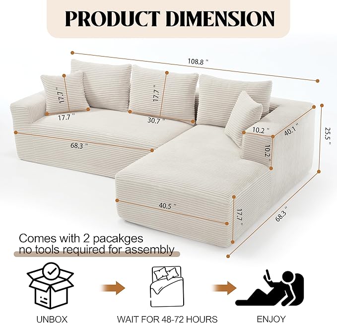 108.7'' Sectional CouchL Shaped CouchPlush Corduroy FabricUpholstered Couches for Living Room BedroomNo Assembly Required (Beige Right Facing Chaise)