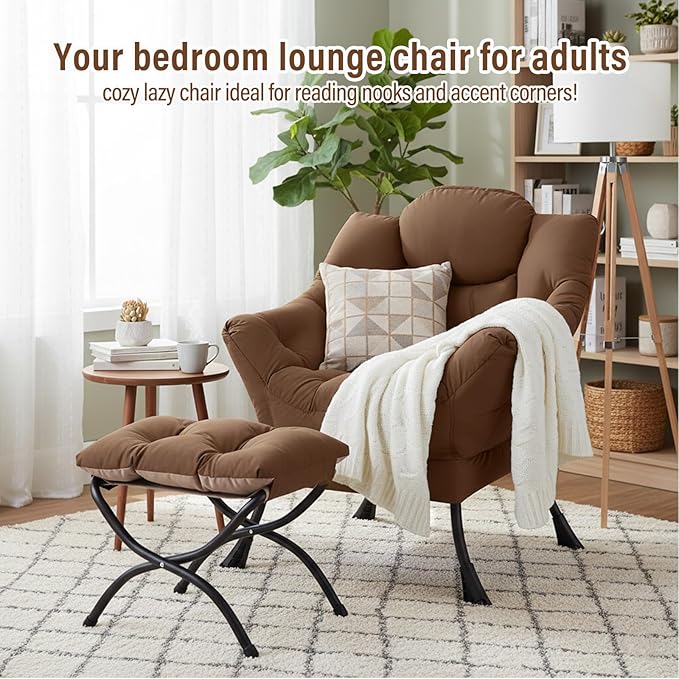 Lazy Chair with Ottoman Modern Accent Chairs with Folding Footrest Dark Brown Sofa Chair Set Comfortable Reading Chairs Oversized Armchairs for Bedroom Study Living Room Courtyard
