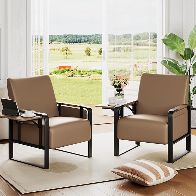 Andeworld Modern Accent Chair Mid Century Living Room Armchair Upholstered Faux Leather Sofa Side Chair with Side Table for ReadingWorkingOfficeApartmentDark Brown