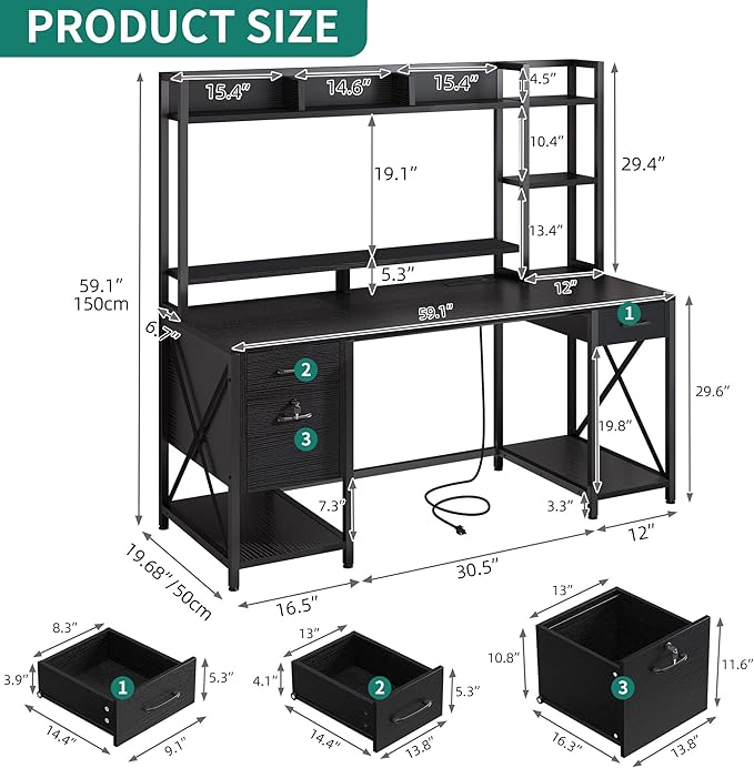 YITAHOME Computer Desk with Drawers &amp Hutch 59.1 Office Desk with LED Lights &amp Power Outlets Gaming Desk with Monitor Stand &amp Storage Shelves Black