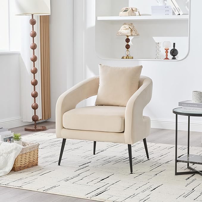 Mid Century Modern Accent Armchair - Velvet Upholstery with Removable CushionRound Arms &amp Sturdy Metal LegsComfortable Reading Chair for Living RoomBedroomApartment - Beige FabricBlack Legs