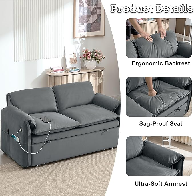 63 Velvet Pull Out Sofa Bed 3-in-1 Convertible Futon Loveseat Queen Sleeper Sofa Couch Bed with Adjustable Backrest USB Ports &amp Side Pockets Modern Sofas for Living Room Apartment Light Grey